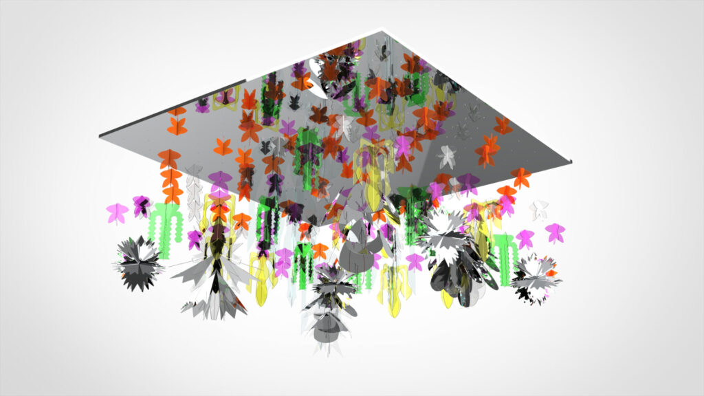 Visualizzazione di un controsoffitto sospeso con decorazioni colorate